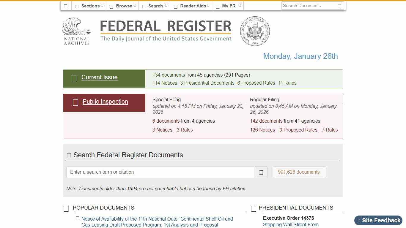 Federal Register :: Home - Monday, January 26th