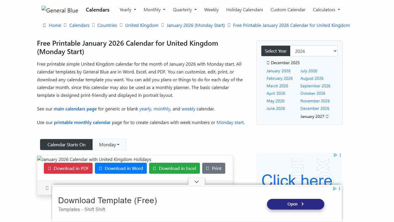 Free Printable January 2026 Calendar for United Kingdom (Monday Start)